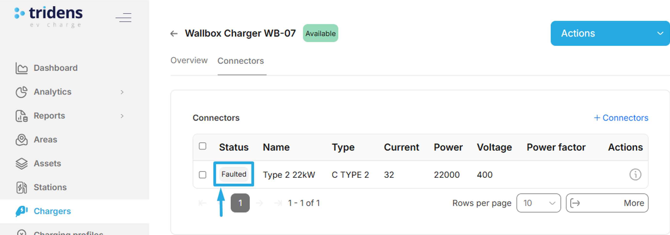 Connector has faulted status on Tridens web dashboard.