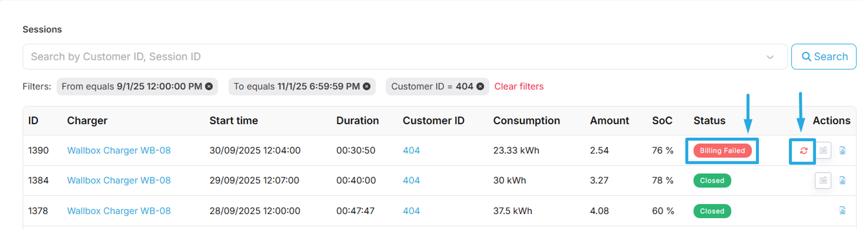 Tridens session with billing-failed status.