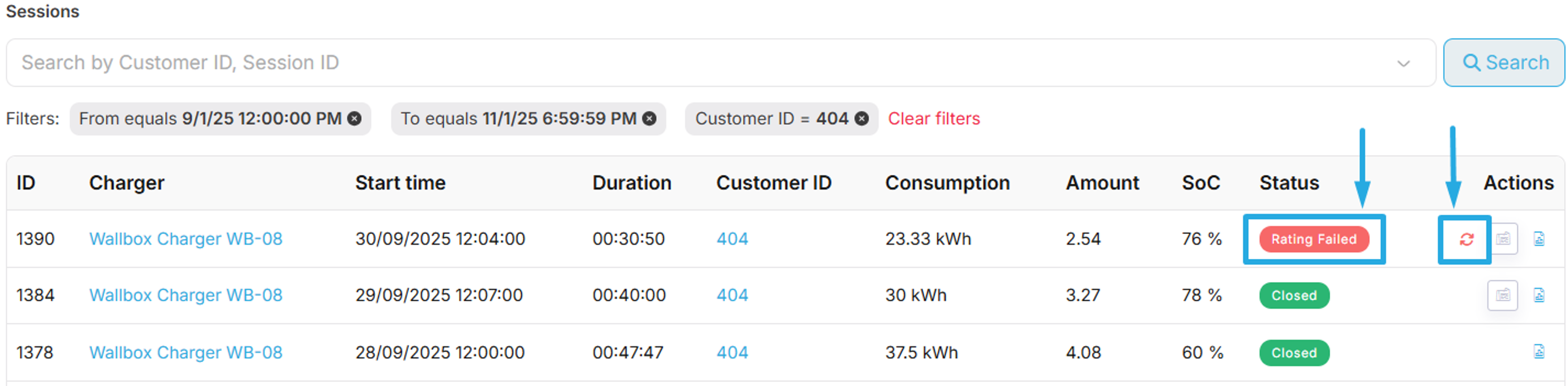 Tridens session with rating-failed status.