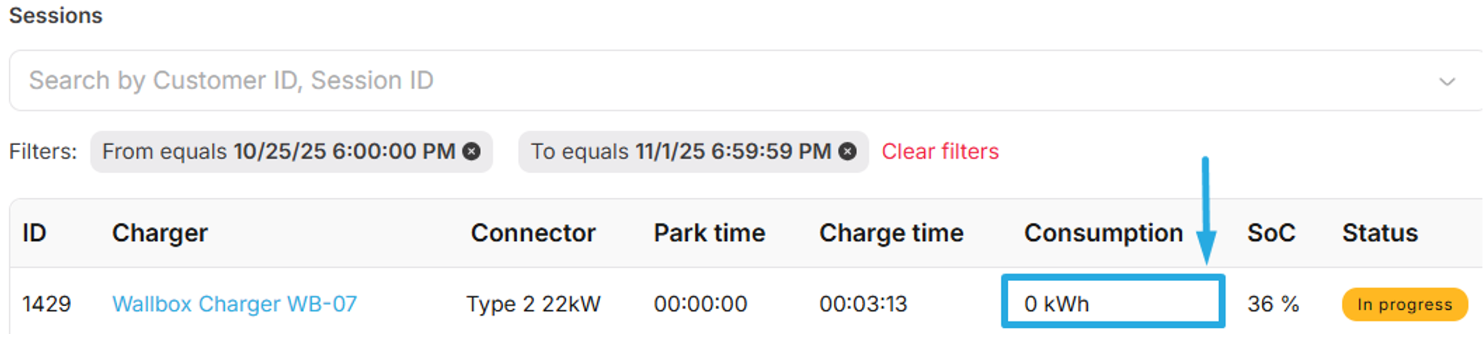 Session&rsquo;s energy consumption not progressing on Tridens dashboard web/mobile.