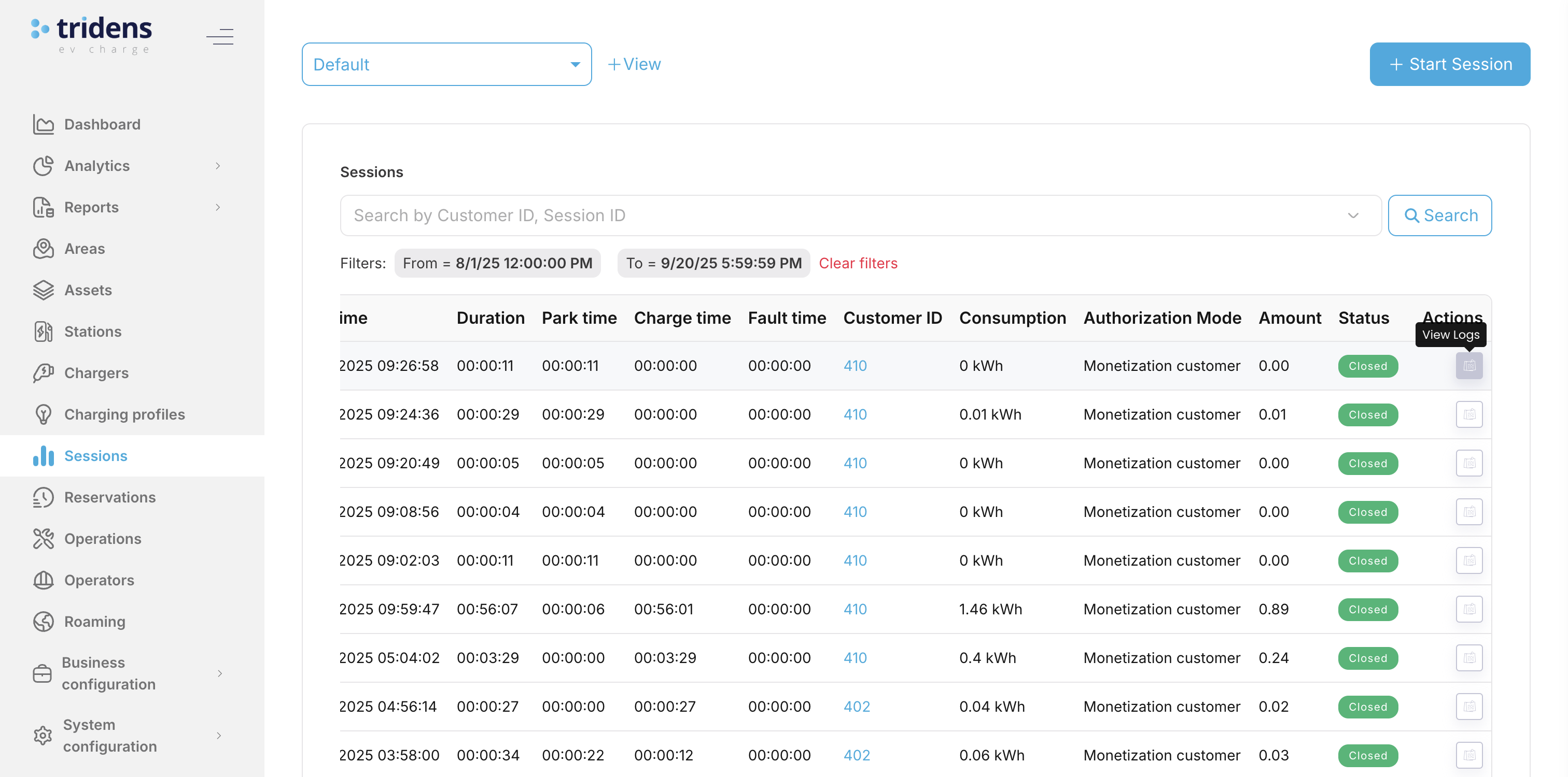 OCPP Communication logs view