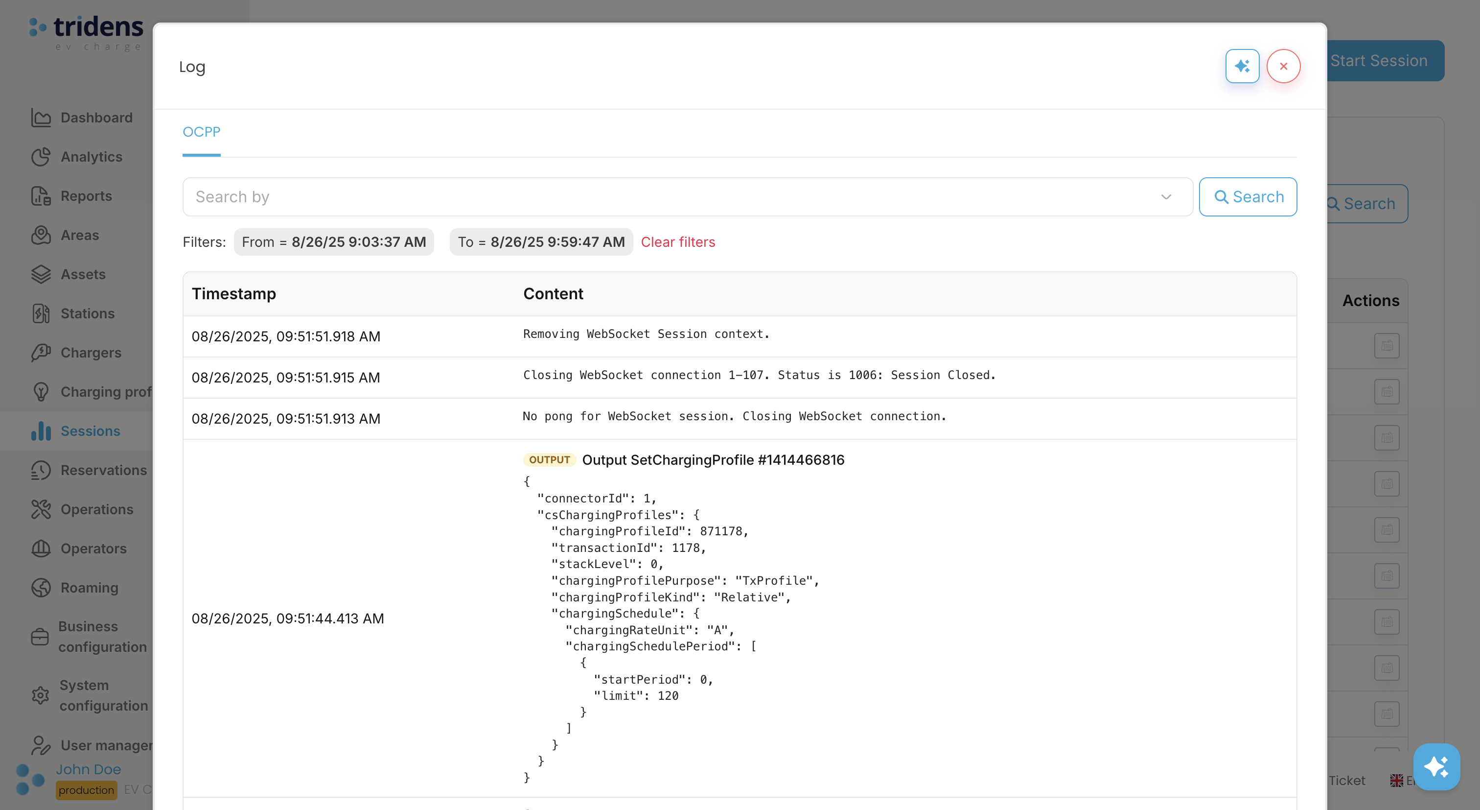 OCPP Logs of session