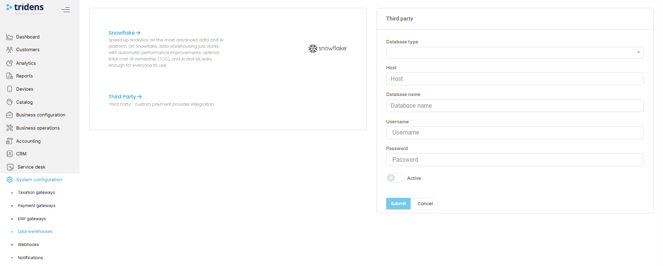 Data Warehouses Integration Page
